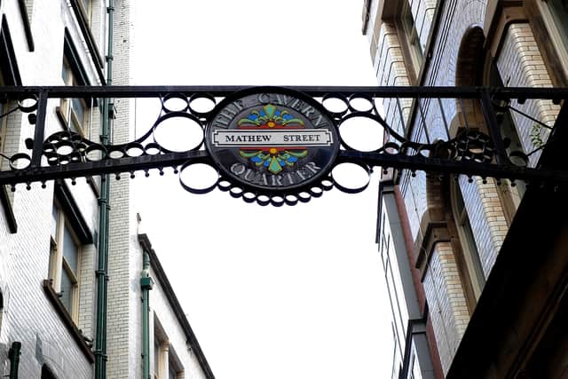Mathew Street signage outside The Cavern Club, in Liverpool, England.  (Photo by Shirlaine Forrest/Getty Images)