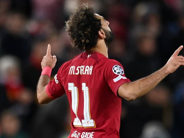 Mohamed Salah of Liverpool celebrates after scoring their team's first goal during the UEFA Champions League group A match between Liverpool FC and SSC Napoli at Anfield on November 01, 2022 in Liverpool, England. (Photo by Michael Regan/Getty Images)