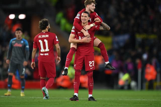 Darwin Nunez of Liverpool celebrates after scoring their team's second goal during the UEFA Champions League group A match between Liverpool FC and SSC Napoli at Anfield on November 01, 2022 in Liverpool, England. (Photo by Michael Regan/Getty Images)