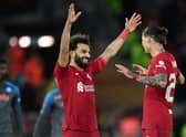 Mo Salah and Darwin Nunez celebrate during Liverpool’s win against Napoli. Picture: Michael Regan/Getty Images