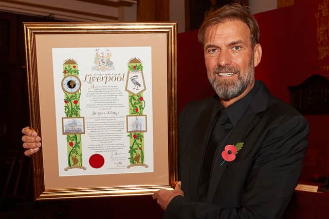 Jurgen Klopp receives the freedom of the City of Liverpool at Liverpool Town Hall. Image: Nick Taylor/Liverpool FC via Getty Images