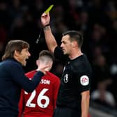 Antonio Conte was booked during Liverpoo’s defeat of Tottenham. Picture:  IAN KINGTON/AFP via Getty Images