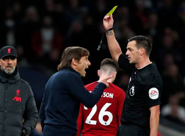 <p>Antonio Conte was booked during Liverpoo’s defeat of Tottenham. Picture:  IAN KINGTON/AFP via Getty Images</p>