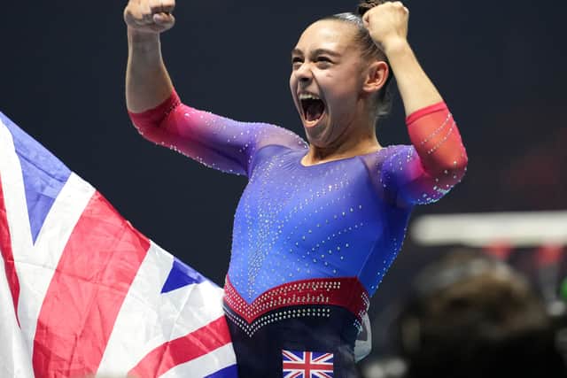 Jessica Gadirova claimed an historic floor gold medal for Great Britain on the final day of the World Gymnastics Championship in Liverpool. Image: Alan Edwards