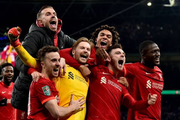 Caoimhin Kelleher celebrates Liverpool’s Carabao Cup victory over Chelsea at Wembley. Picture: Andrew Powell/Liverpool FC via Getty Images
