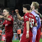 Liverpool players celebrate winning over derby county in  the Carabao Cup Third Round match between Liverpool and Derby County at Anfield on November 09, 2022 in Liverpool, England. (Photo by Andrew Powell/Liverpool FC via Getty Images)