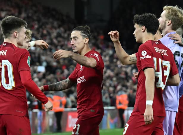 <p>Liverpool players celebrate winning over derby county in  the Carabao Cup Third Round match between Liverpool and Derby County at Anfield on November 09, 2022 in Liverpool, England. (Photo by Andrew Powell/Liverpool FC via Getty Images)</p>