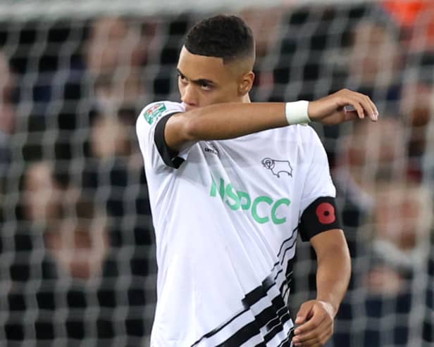 Lewis Dobbin of Derby County reacts after missing their sides penalty during a penalty shoot out during the Carabao Cup Third Round match between Liverpool and Derby County at Anfield on November 09, 2022 in Liverpool, England. (Photo by Nathan Stirk/Getty Images)