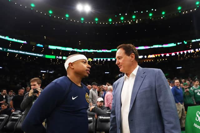 Isaiah Thomas of the Denver Nuggets talks with Boston Celtics co-owner Stephen Pagliuca. Picture: Maddie Meyer/Getty Images