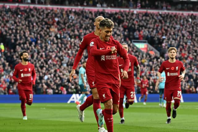 Roberto Firmino celebrates scoring for Liverpool against Southampton. Picture: Andrew Powell/Liverpool FC via Getty Images