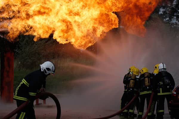 Firefighters from Merseyside tackle a simulated gas explosion. Image: Christopher Furlong/Getty Images
