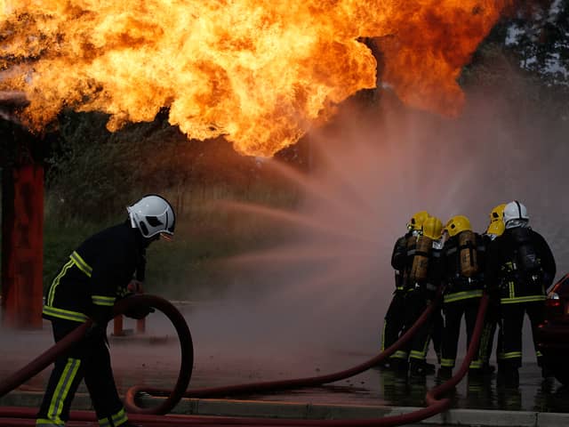 Firefighters from Merseyside tackle a simulated gas explosion. Image: Christopher Furlong/Getty Images