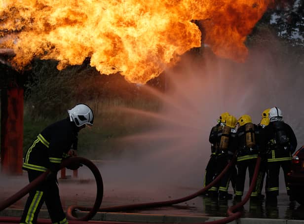 <p>Firefighters from Merseyside tackle a simulated gas explosion. Image: Christopher Furlong/Getty Images</p>