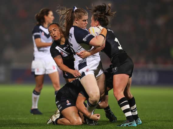 St Helens front-row Vicky Whitfield in action for England. Image: Charlotte Tattersall/Getty Images for RLWC