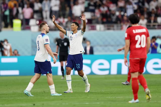 Jude Bellingham of England reacts during the FIFA World Cup Qatar 2022 Group B match between England and IR Iran at Khalifa International Stadium on November 21, 2022 in Doha, Qatar. (Photo by Clive Brunskill/Getty Images)