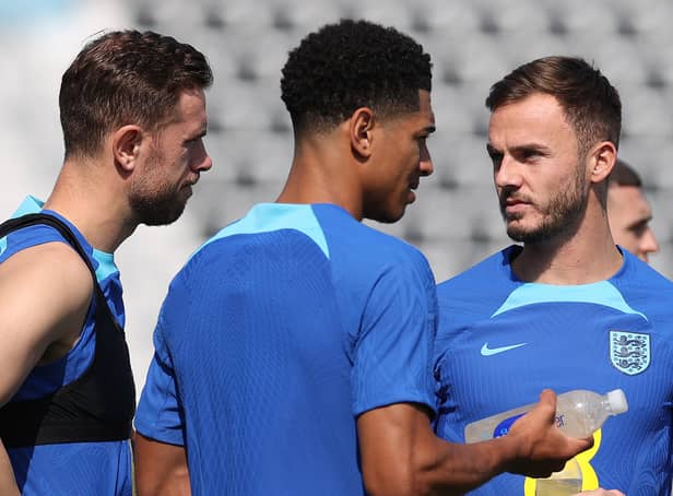 <p> James Maddison (r) alongside Jude Bellingham and Jordan Henderson during the England Training Session at Al Wakrah Stadium on November 18, 2022 in Doha, Qatar. (Photo by Michael Steele/Getty Images)</p>