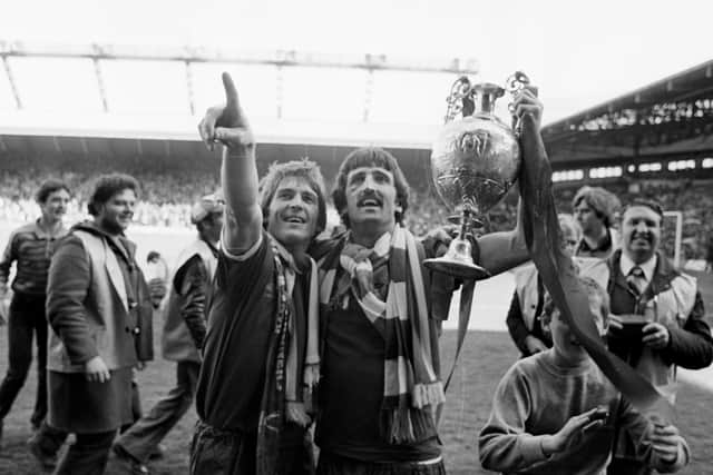  Liverpool players Kenny Dalglish and David Johnson hold the Football League Division One trophy in May 1980. Image: Liverpool FC via Getty Images
