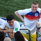 England's goalkeeper Jordan Pickford (C) and his partner Megan Davison (R) celebrate after the Russia 2018 World Cup Group G football match between England and Panama at the Nizhny Novgorod Stadium in Nizhny Novgorod on June 24, 2018. (Photo by Johannes EISELE / AFP) / RESTRICTED TO EDITORIAL USE - NO MOBILE PUSH ALERTS/DOWNLOADS        (Photo credit should read JOHANNES EISELE/AFP via Getty Images)