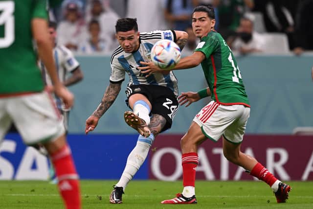 Enzo Fernandez curls in Argentina’s second goal against Mexico. Image: KIRILL KUDRYAVTSEV/AFP via Getty Images