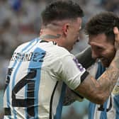 Argentina’s Enzo Fernandez celebrates scoring his team’s second goal with Lionel Messi. Image: JUAN MABROMATA/AFP via Getty Images