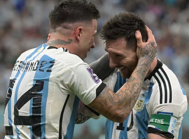 <p>Argentina’s Enzo Fernandez celebrates scoring his team’s second goal with Lionel Messi. Image: JUAN MABROMATA/AFP via Getty Images</p>
