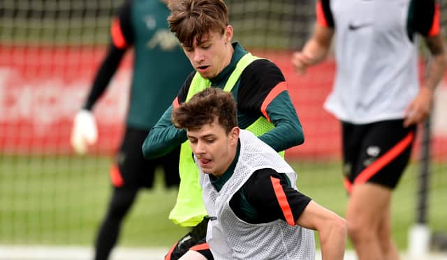 Owen Beck and Conor Bradley of Liverpool during a training session at AXA Training Centre. Picture: Andrew Powell/Liverpool FC via Getty Images)