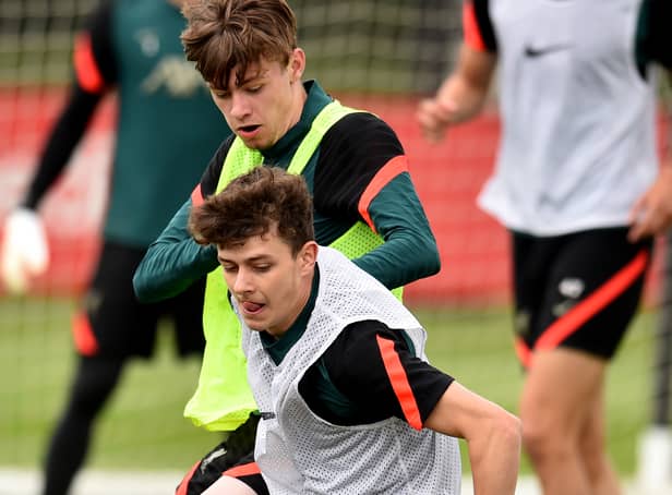 <p>Owen Beck and Conor Bradley of Liverpool during a training session at AXA Training Centre. Picture: Andrew Powell/Liverpool FC via Getty Images)</p>