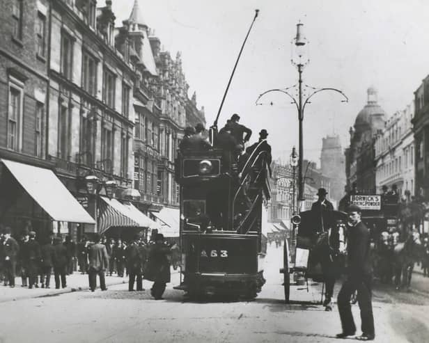 One of the first electric tramcars proceeding down Lord Street in Liverpool.  (Photo by Hulton Archive/Getty Images)