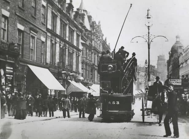 One of the first electric tramcars proceeding down Lord Street in Liverpool.  (Photo by Hulton Archive/Getty Images)