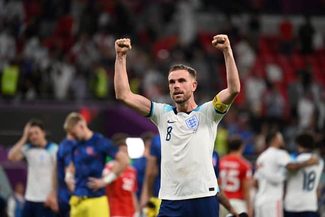 Jordan Henderson celebrates England’s defeat of Wales. Picture: INA FASSBENDER/AFP via Getty Images