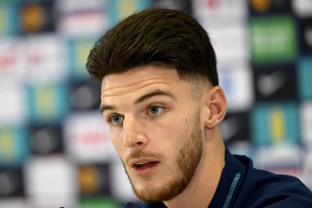 England midfielder Declan Rice gives a press conference at the World Cup. Image: NICOLAS TUCAT/AFP via Getty Images