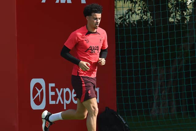 Curtis Jones runs alone during a Liverpool training session in Dubai. Picture: John Powell/Liverpool FC via Getty Images