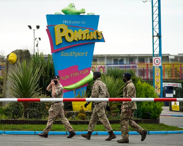 Members of the military arrive at Pontins to set up a mass Covid-19 testing facility in 2020.