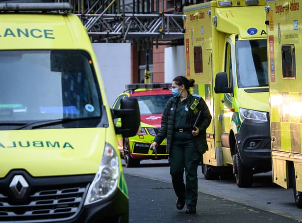 <p>A queue of ambulances are seen outside a hospital. Image: Leon Neal/Getty Images</p>