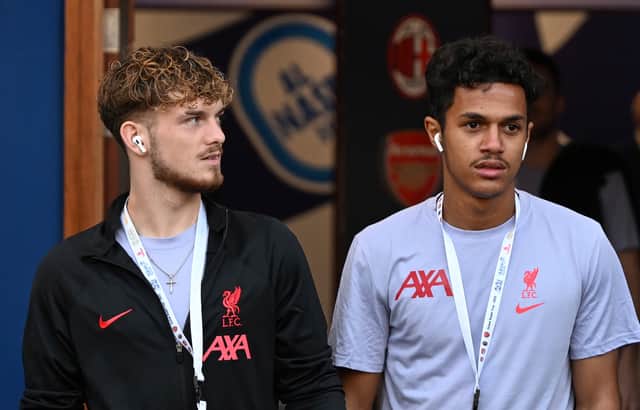 Harvey Elliott, left, with Fabio Carvalho. Picture: Nick Taylor/Liverpool FC/Liverpool FC via Getty Images