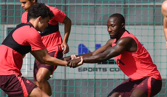 Naby Keita, right, trained with Liverpool today in Dubai. Picture: John Powell/Liverpool FC via Getty Images