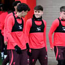 From left: Ben Doak, Bobby Clark, Stefan Bajcetic during a Liverpool training session. Picture: Andrew Powell/Liverpool FC via Getty Images