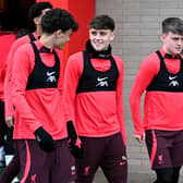 From left: Ben Doak, Bobby Clark, Stefan Bajcetic during a Liverpool training session. Picture: Andrew Powell/Liverpool FC via Getty Images