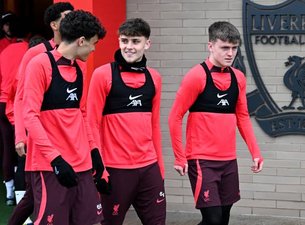 <p>From left: Ben Doak, Bobby Clark, Stefan Bajcetic during a Liverpool training session. Picture: Andrew Powell/Liverpool FC via Getty Images</p>