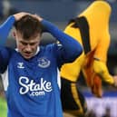Nathan Patterson of Everton looks dejected after Rayan Ait-Nouri of Wolverhampton Wanderers celebrates his last-gasp winner.  Image: Jan Kruger/Getty Images