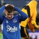 Nathan Patterson of Everton looks dejected after Rayan Ait-Nouri of Wolverhampton Wanderers celebrates his last-gasp winner.  Image: Jan Kruger/Getty Images