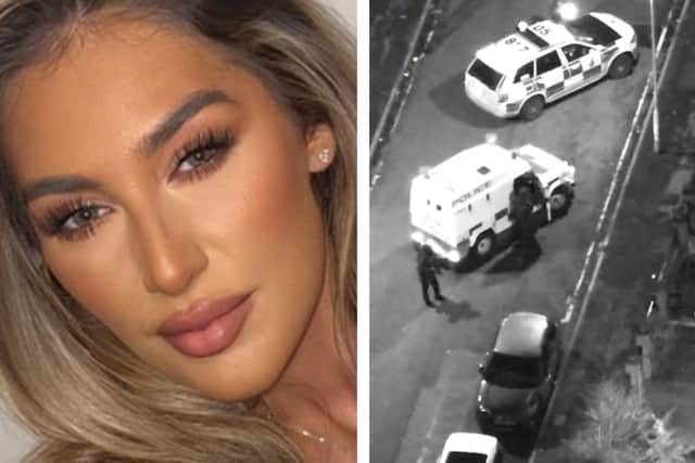 Elle Edwards (left) and a screen grab taken with permission from the Twitter account of @MerseyPolice (right) of officers making an arrest. Picture: PA wire