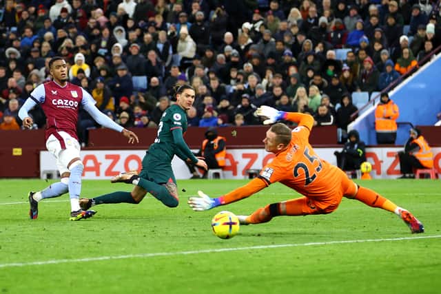  Darwin Nunez of Liverpool shoots wide past Robin Olsen of Aston Villa during the Premier League match between Aston Villa and Liverpool FC at Villa Park on December 26, 2022 in Birmingham, England. (Photo by Michael Steele/Getty Images)