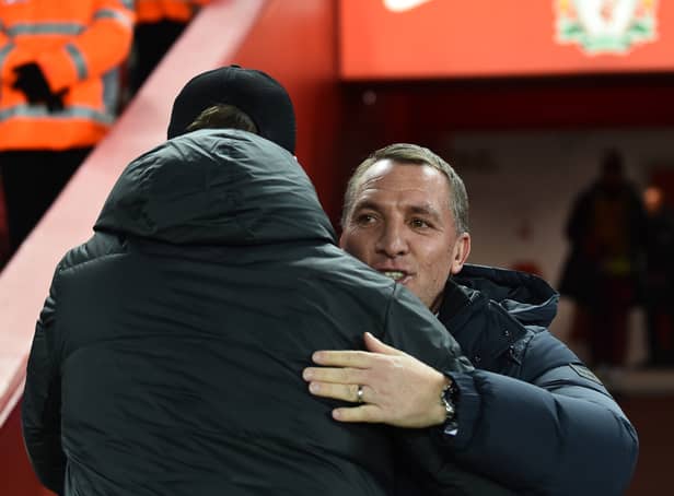 <p>Leicester boss Brendan Rodgers with Liverpool manager Jurgen Klopp. Picture: Andrew Powell/Liverpool FC via Getty Images</p>