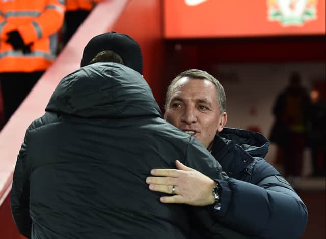 Leicester boss Brendan Rodgers with Liverpool manager Jurgen Klopp. Picture: Andrew Powell/Liverpool FC via Getty Images