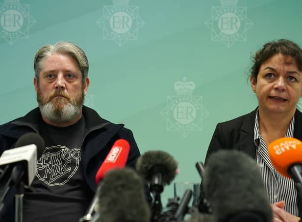 <p>Detective Superintendent Sue Coombs from Merseyside Police (right) with Elle Edwards father, Tim Edwards during a press conference at Merseyside Police Headquarters in Liverpool. Credit: PA</p>