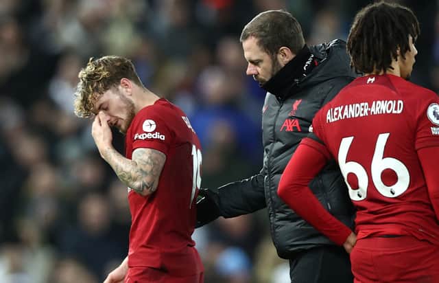 Harvey Elliott came off in Liverpool’s defeat of Leicester. Picture: Andrew Powell/Liverpool FC via Getty Images