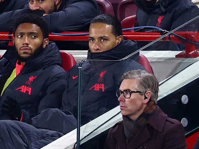 Virgil van Dijk on the bench after being subbed in Liverpool’s loss to Brentford. Picture: Clive Rose/Getty Images