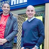 David James, left, with Leon Osman at the launch of William Hill’s new Liverpool Central shop. Picture: William Hill