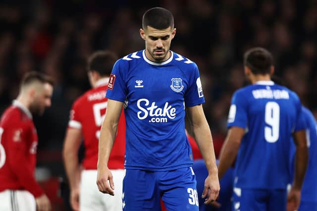Conor Coady of Everton reacts during the Emirates FA Cup Third Round match between Manchester United and Everton at Old Trafford on January 06, 2023 in Manchester, England. (Photo by Naomi Baker/Getty Images)